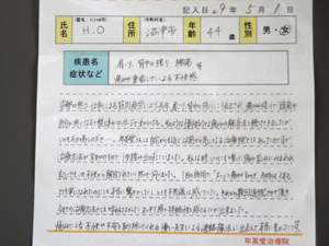 喜びの声 肩こり、背中の張り、腰痛等、痛みや重苦しさによる不快感